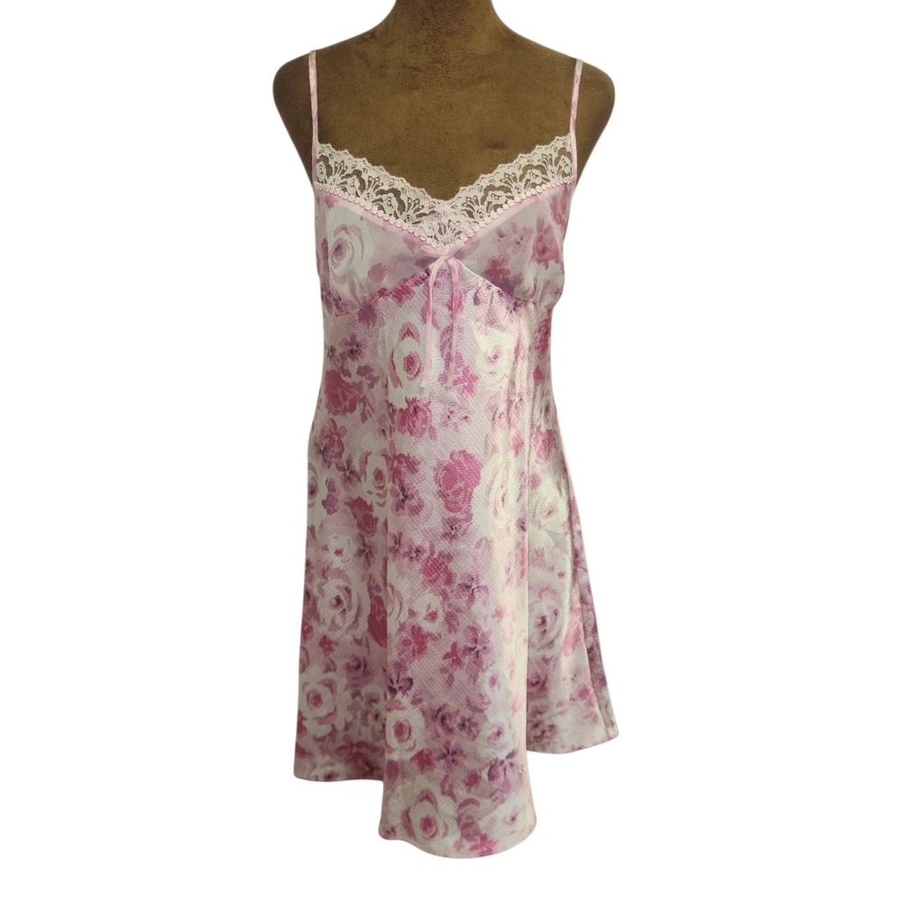 Y2K Slip Dress Lingerie Morgan Taylor Pink Rose Sheer Bust Size M Babydoll Slip